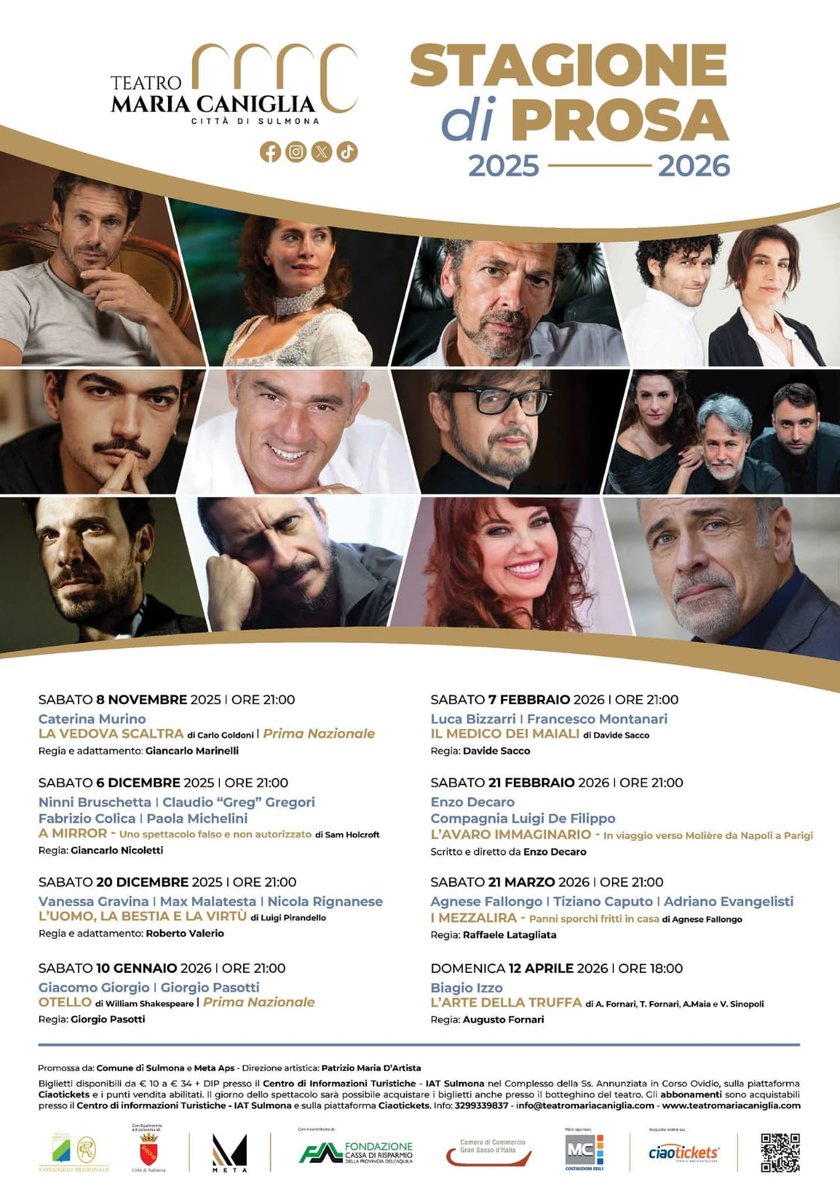 Blocknotes6's tweet image. Meta Aps
Teatro Comunale &apos;Maria Caniglia&apos; di Sulmona
Stagione di Prosa 2025/2026