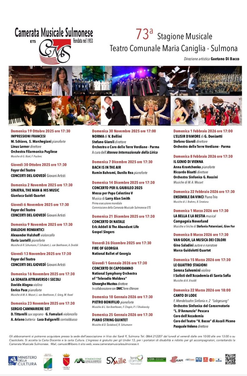 Blocknotes6's tweet image. Camerata Musicale Sulmonese onlus
Teatro Comunale &apos;Maria Caniglia&apos; di Sulmona
Programma Eventi Stagione 2025/2026
