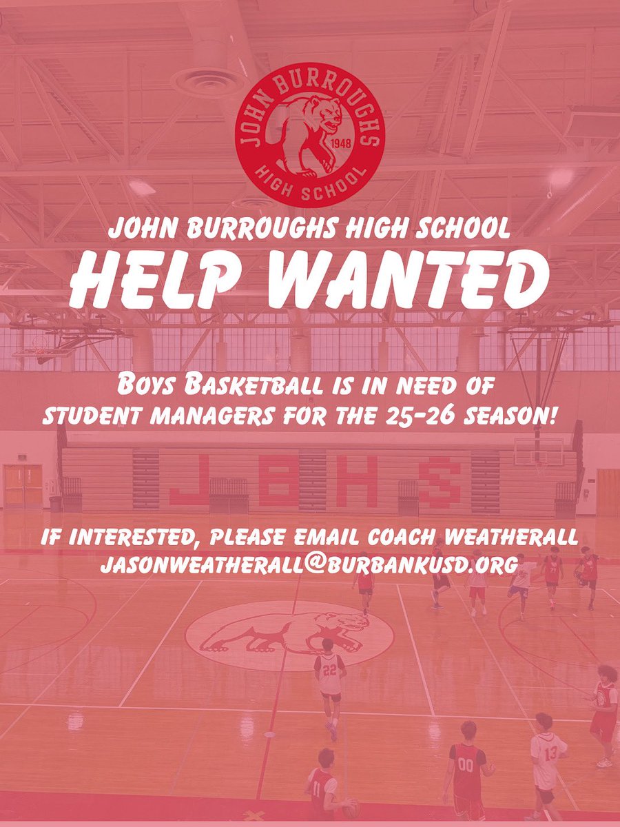 Want to be a part of the action? 🏀 We're looking for our next John Burroughs basketball student managers! 📝 DM us or email Coach Weatherall for details! 

#JohnBurroughsHoops #GoBears #BasketballLife