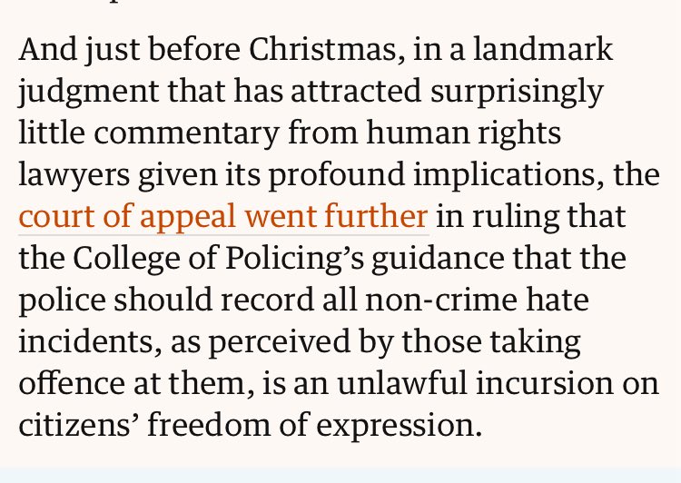 teresa smith (@treesey) on Twitter photo Worth re-reading this from <a href="/soniasodha/">Sonia Sodha</a> in January 2022 about the College of Policing:
‘And just before Christmas (2021), in a landmark judgment that has attracted surprisingly little commentary from human rights lawyers given its profound implications…’
theguardian.com/commentisfree/… Worth re-reading this from <a href="/soniasodha/">Sonia Sodha</a> in January 2022 about the College of Policing:
‘And just before Christmas (2021), in a landmark judgment that has attracted surprisingly little commentary from human rights lawyers given its profound implications…’
theguardian.com/commentisfree/…