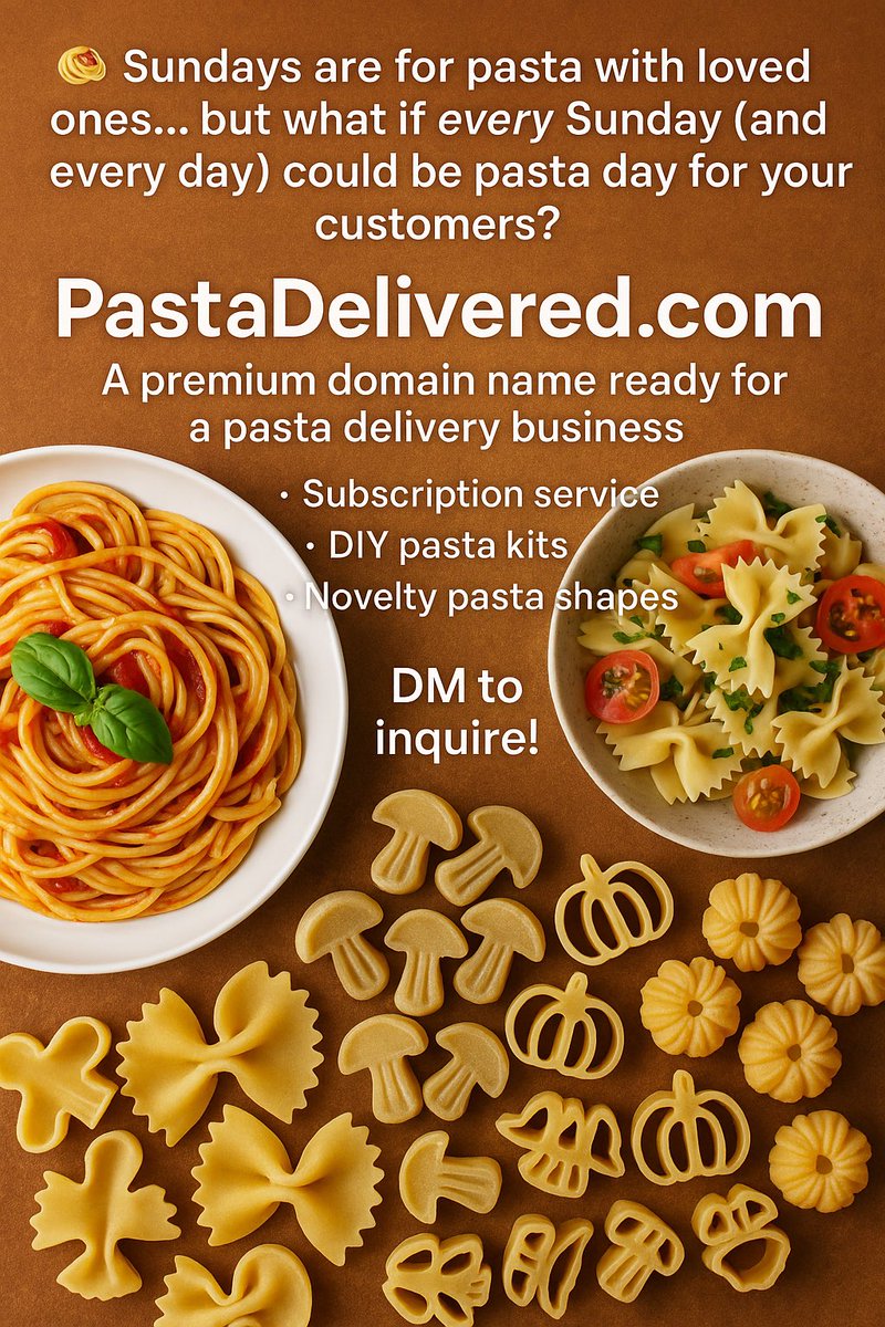 DotComBroker's tweet photo. 🍝 Sundays are for pasta with loved ones… but what if every day could be pasta day for your customers?

https://t.co/GiGGgu7Kw9 — a premium domain perfect for pasta subscriptions, DIY kits &amp; novelty shapes. 👉 https://t.co/GiGGgu7Kw9

#domains #pastalover https://t.co/KDUyfC1csm