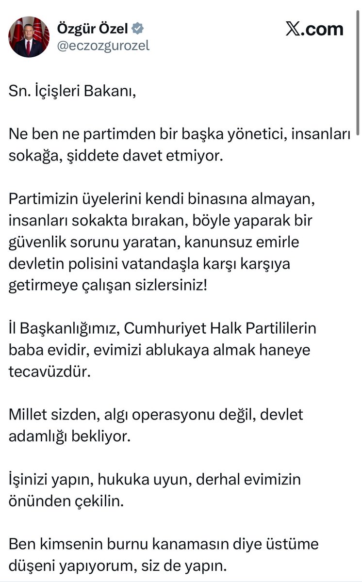 CHP Genel Başkanı Özgür Özel’den İçişleri Bakanı Ali Yerlikaya’ya çağrı:

Ben kimsenin burnu kanamasın diye üstüme düşeni yapıyorum, siz de yapın.