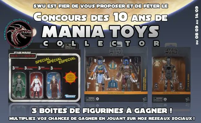SWUcom's tweet photo. [#Concours] Pour les 10 ans de Mania Toys Collector, on vous fait gagner, jusqu'au 14/09, 3 lots de figurines.
Pour jouer, RT ce tweet, suivez @SWUcom, et taggez un(e) ami(e). Multipliez vos chances sur https://t.co/F0CyerkHPh, https://t.co/KNqR3NyU27 et https://t.co/VV3KOqDhH0. https://t.co/uHC8j12XWu