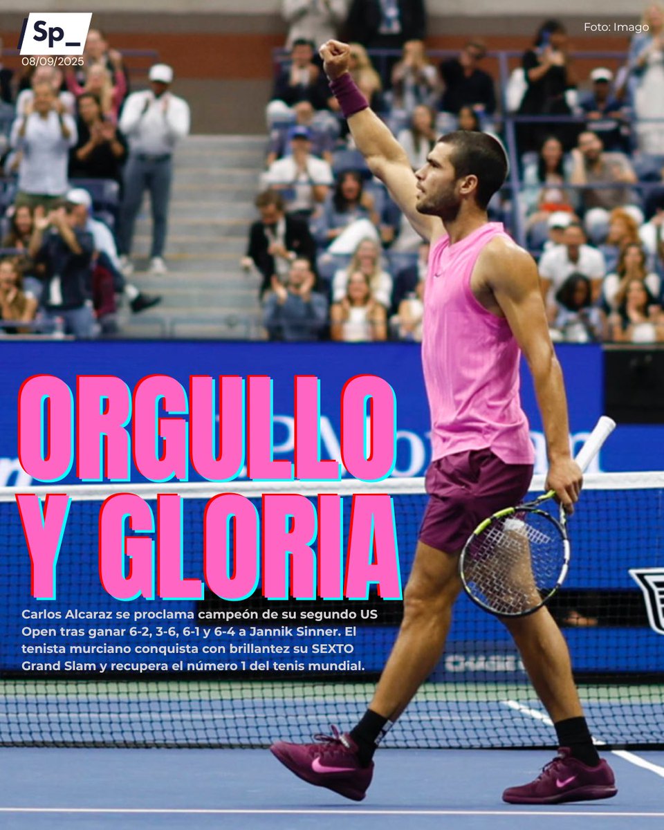 ¡Lo ha hecho! Qué partido. Carlos Alcaraz se proclama campeón del US Open tras ganar 6-2, 3-6, 6-1 y 6-4 a Jannik Sinner en un partido sublime. El tenista murciano conquista con brillantez su SEXTO Grand Slam y recupera el número 1 del tenis mundial. #USOpen