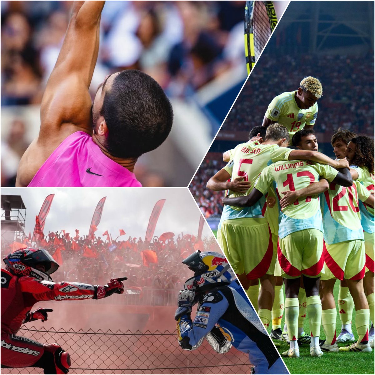 ¡Qué domingo! 🇪🇸

Álex y Marc Márquez, 1° y 2° en el GP de casa. La selección de fútbol dándole un baño a Turquía. Carlos Alcaraz ganando en EEUU y subiendo al máximo escalón de la ATP. 

Qué afortunados somos. Qué nivel tiene España en el deporte. Brutal.