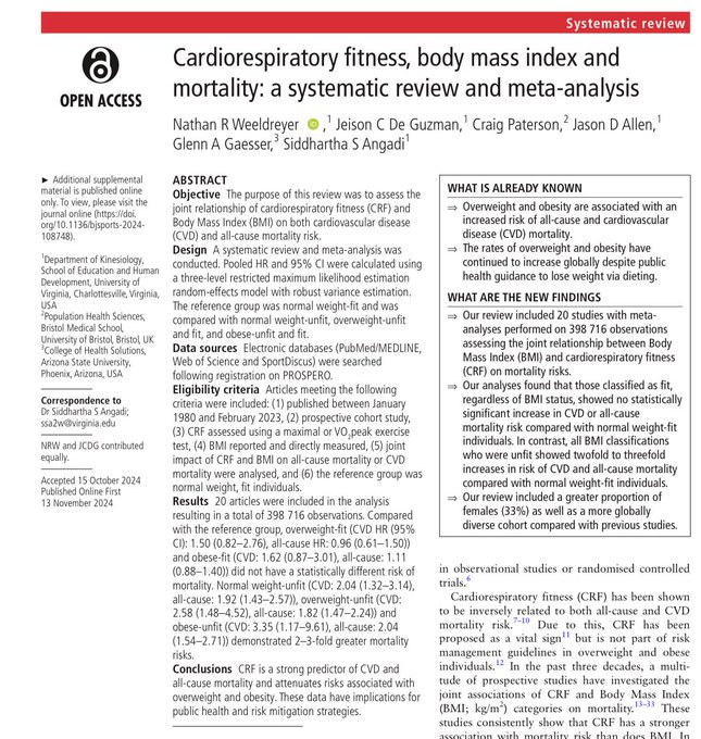 Everyone’s obsessed with weight loss for longevity.

But a MASSIVE study just proved it’s not your weight that matters most...

It’s your fitness level.

Overweight, fit people had NO higher risk of death than those at a “normal” weight:

Check this out👇🧵