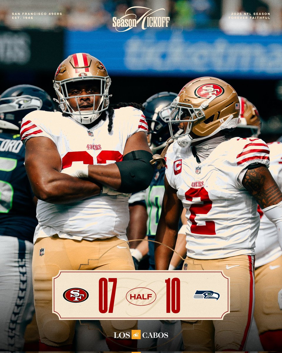 #NFL |  Los #49ers van al medio tiempo #Halftime abajo 7-10 frente a los #Seahawks #SFvsSEA
Sería empate si no fuera por la ineptitud de #JakeMoody
En tanto, #GeorgeKittle anotador del #Touchdown está fuera por lesión 
¡Ánimo! #FTTB #GoNiners