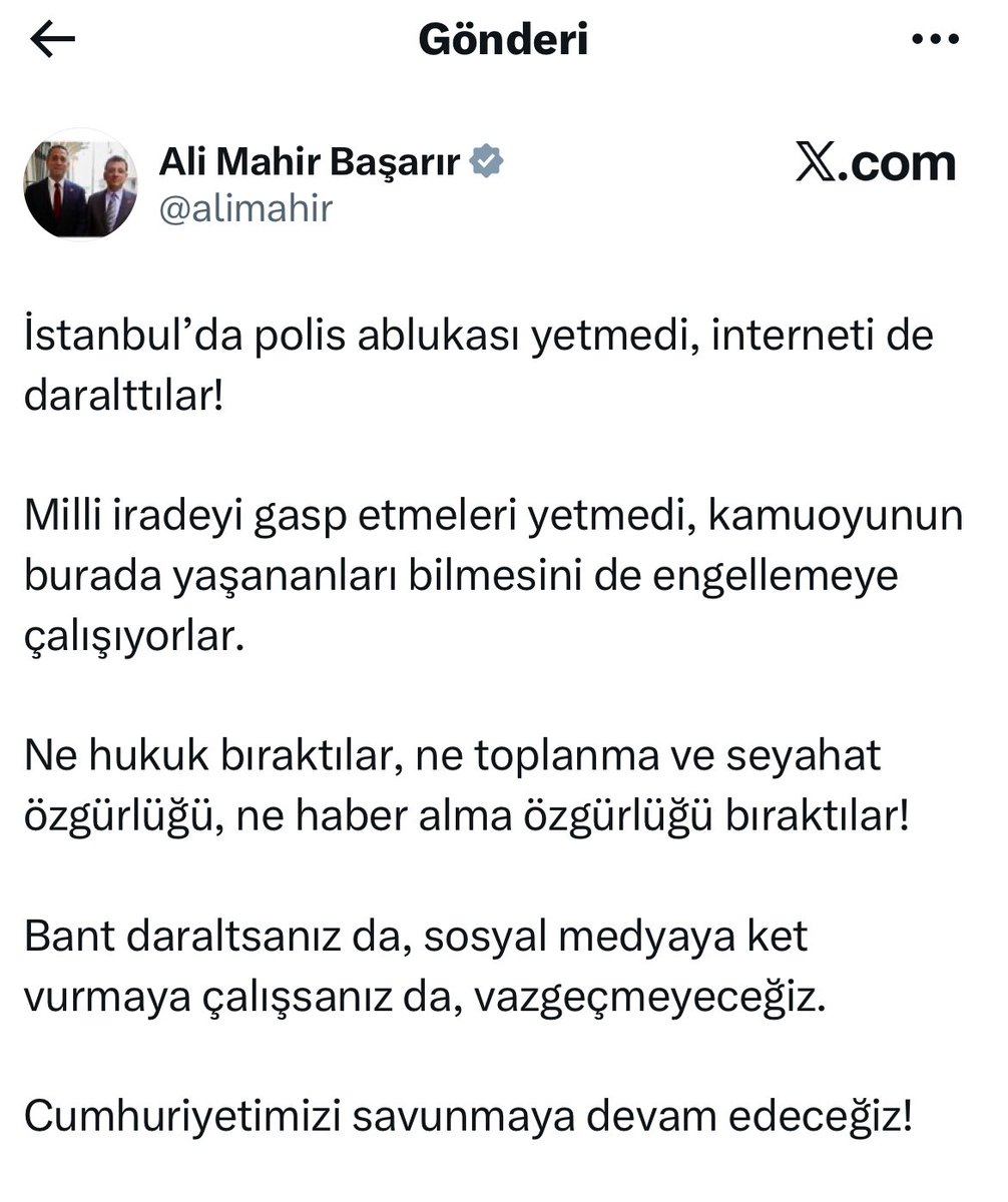 CHP Genel Başkanı Özgür Özel’in ardından grup başkanvekili Ali Mahir Başarır da tepki gösterdi:

Bant daraltsanız da, sosyal medyaya ket vurmaya çalışsanız da, vazgeçmeyeceğiz. 

Cumhuriyetimizi savunmaya devam edeceğiz!
