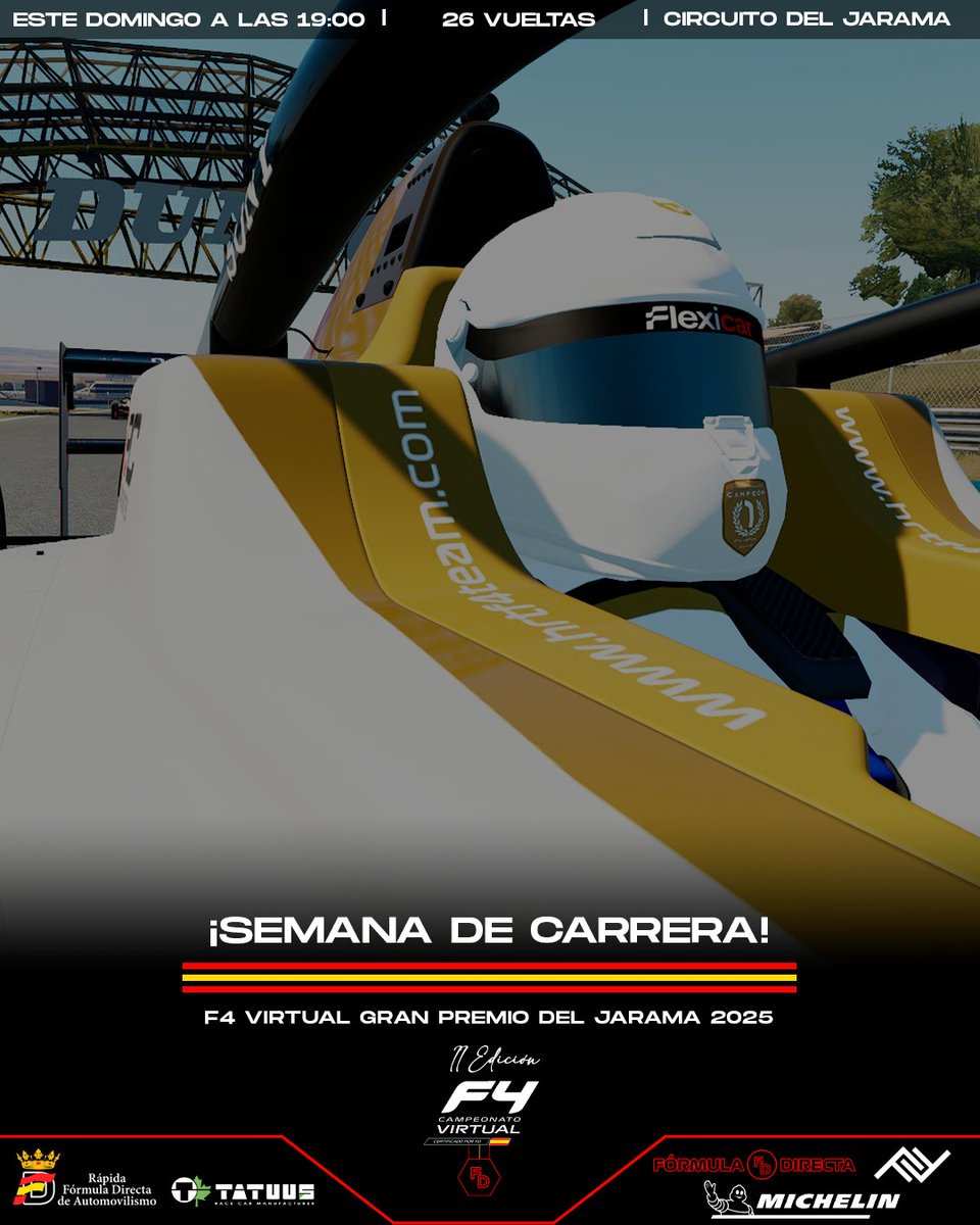 F4virtual's tweet image. 💥 ¡¡¡SEMANA DE CARRERA!!! 💥

🏁 F4 Virtual Gran Premio del Jarama

⏰  Domingo 14 de septiembre a las 19:00.

🔴 DIRECTO: twitch.tv/formula_directa

#F4Virtual #GPJarama #AssettoCorsa
