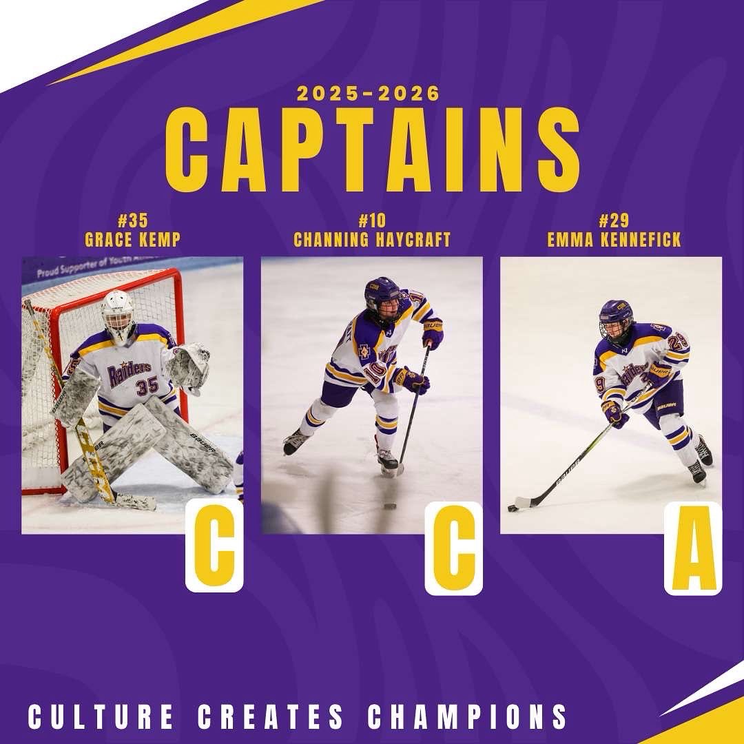 🏒 It’s That Time of Year… ❄️

The temperatures are dropping, fall is in the air, and hockey season is almost here. Introducing this year’s Captains.

2025 Raider Hockey Captains

Captain: Grace Kemp #35
Captain: Channing Haycraft #10
Assistant Captain: Emma Kennefick #29