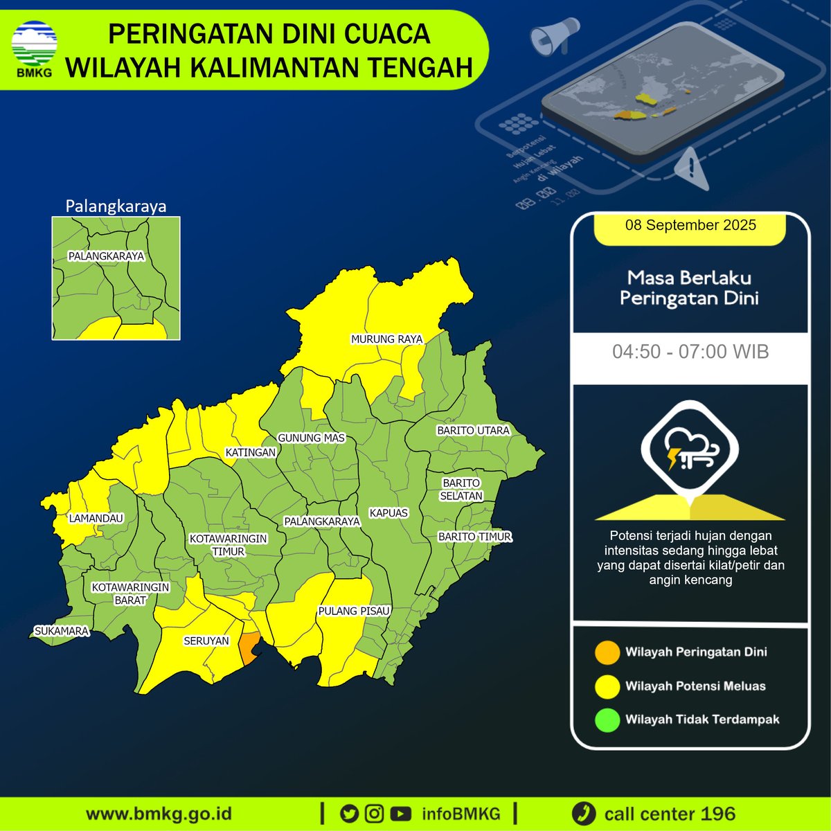 infoBMKG's tweet photo. Update Peringatan Dini Cuaca Wilayah - Kalimantan Tengah Tgl. 08 September 2025 pkl. 04:50 WIB
Prakirawan - BMKG - Kalimantan Tengah
https://t.co/CT4oqvcrcc https://t.co/5LPmVvEyYX