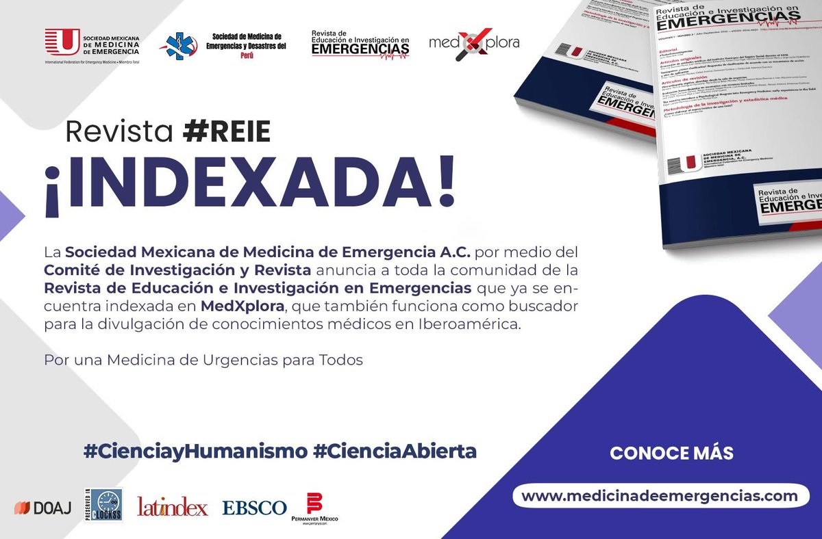 ReieSmme's tweet photo. 📕 NUEVO NÚMERO📕
Lee, descarga y comparte el número 3-2025 de la REIE de la @SMMEAC 🇲🇽 y #SOMED-Perú 🇵🇪
PD: Indexada en DOAJ, Latindex Catálogo 2.0, EBSCO, ROAD, Medxplora, OpenAlex y CLOKSS
https://t.co/53FoELvzAZ https://t.co/CUegJFQxrB