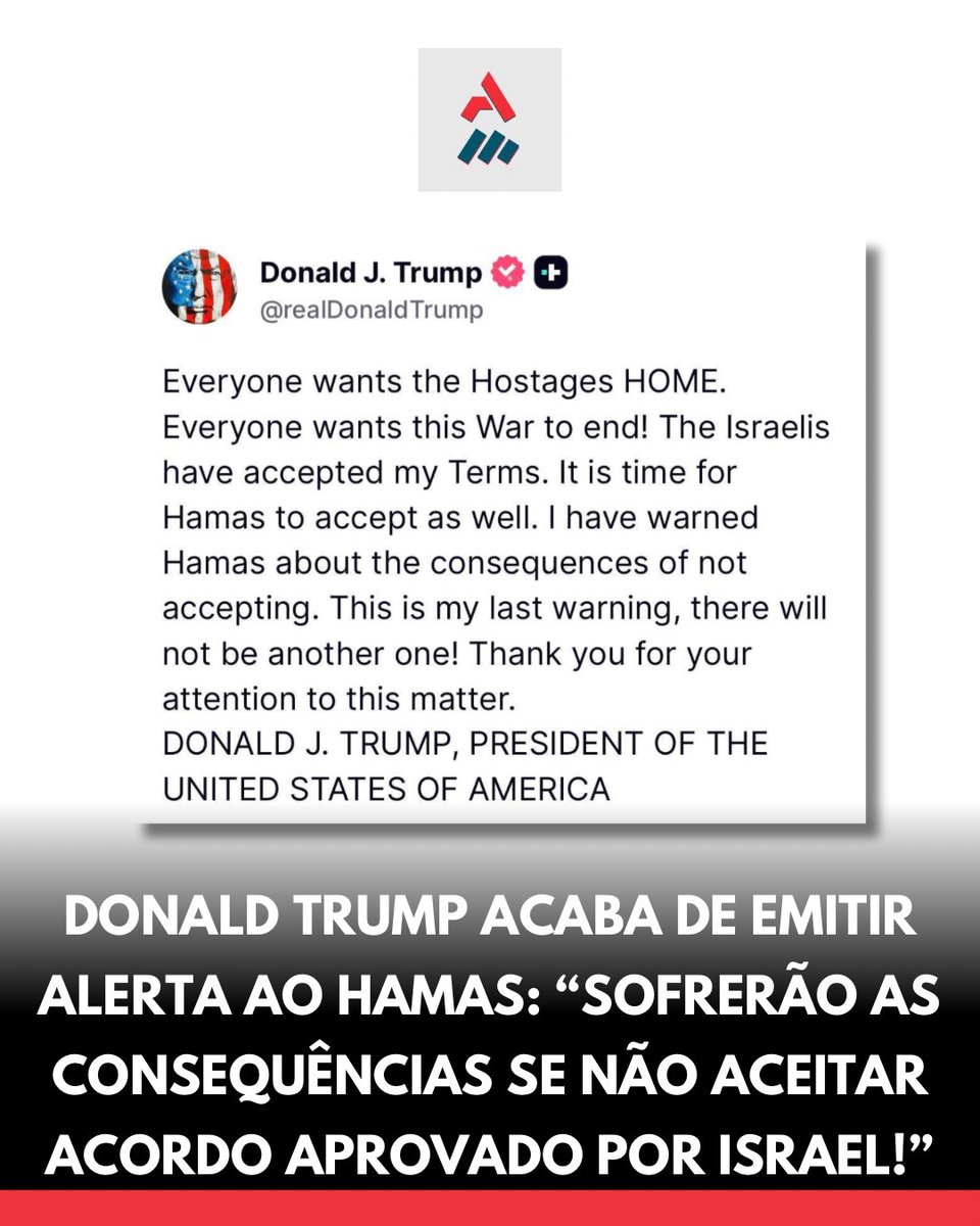 Donald Trump acaba de emitir alerta ao Hamas: “sofrerão as consequências se não aceitar acordo aprovado por Israel!”

O presidente dos EUA, Donald J. Trump, afirma em uma publicação no Truth Social que Israel aceitou os termos do acordo de cessar-fogo apresentado na semana