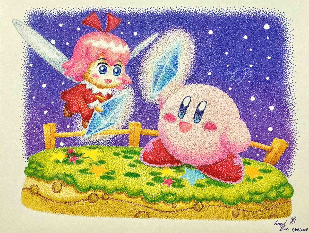 AngelBee623's tweet image. #SketchvsFinal of my Kirby 64 Pointillism illustration
