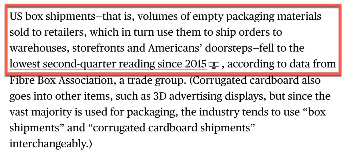 Alan Greenspan used to track cardboard boxes and trucking volumes as a barometer of the US economy. 

Cardboard and package materials have dropped to 2015 levels. 

1/