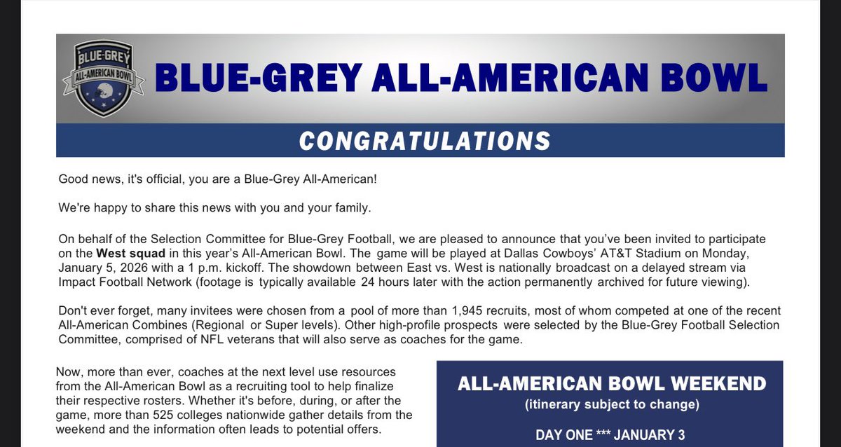 🙏 Truly blessed and honored to be selected for the Blue-Grey All-American Bowl at AT&amp;T Stadium on January 5, 2026! Thank you to the Selection Committee for believing in me and giving me this opportunity to compete with some of the nation’s best. Huge thanks to my family,