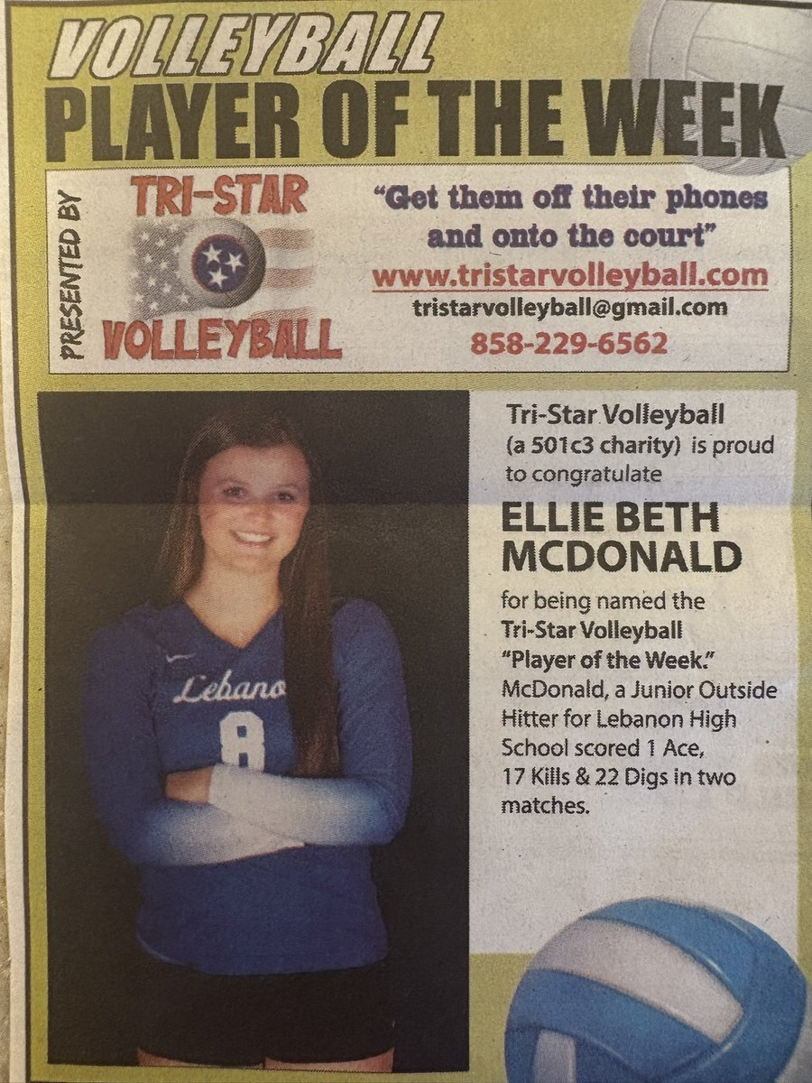 Much appreciation to <a href="/TriStarVball/">TriStar Volleyball</a> for this awesome award! Proud of my team so far and couldn’t have done it without them! Looking forward to the rest of the season
<a href="/LebanonVolley/">Lebanon Volleyball</a>