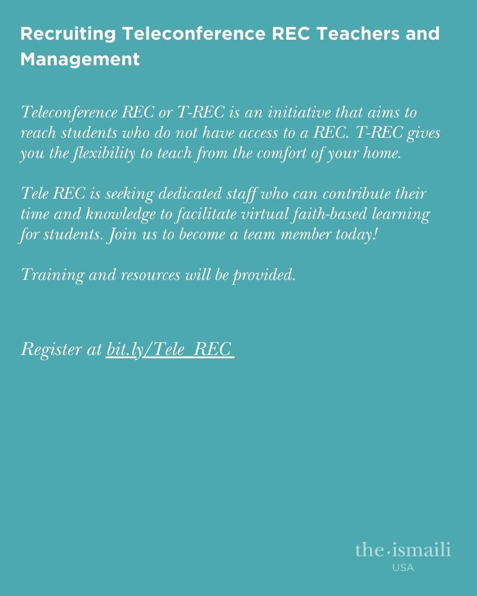 TheIsmailiUSA's tweet photo. 📢 Join TREC! Help us bring REC to students who can’t attend in person. Teach using National RE lesson plans or join our Management Team to support this virtual platform. Make a difference from anywhere!  

📋: https://t.co/FHiJSCiTab

#TheIsmaili #OneJamat #OneHumanity https://t.co/00z14qJ4Gp
