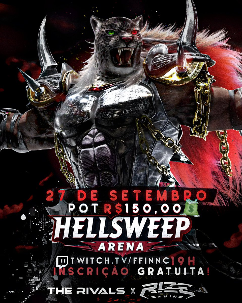 O próximo Hellsweep Arena já tem data marcada! No dia 27/09.  

Com a premiação base de 150R$, se inscrevam no link abaixo. Lembrando que é online, e gratuito! 

start.gg/tournament/hel…

twitch.tv/ffinnc

<a href="/RizeGamingPro/">RIZE</a>