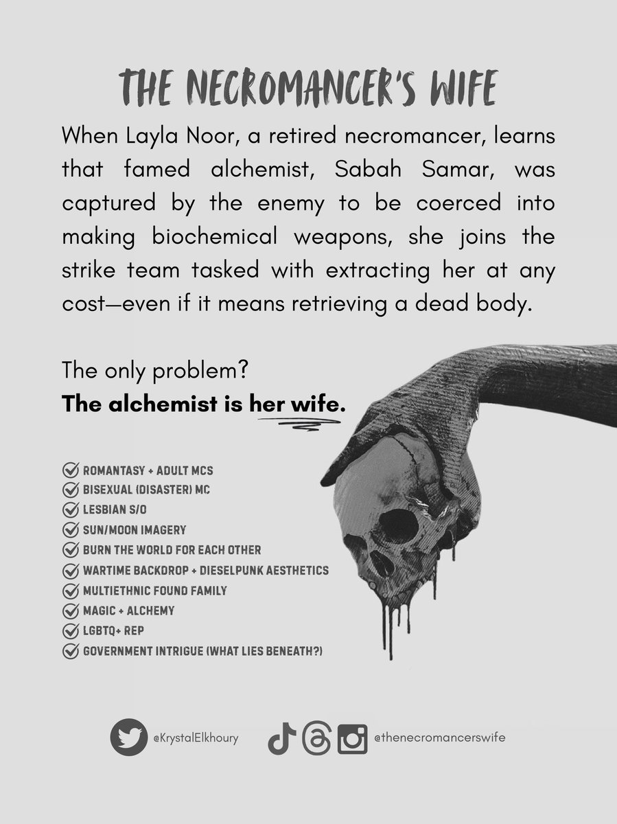 KrystalElkhoury's tweet image. Today’s #sundaysnippet is from Ch11: The Last Lesson (one of my faves)

TNW ft: 
🏳️‍🌈wlw+queer chars
💀retired necromancer🩷💜💙
⚗️missing alchemist🧡🤍🩷
🪄magical intrigue
🚂dieselpunk

✨Vibes: FULLMETAL ALCHEMIST x SAVING PRIVATE RYAN x THE LOCKED TOMB

🔗 in bio for Betas!