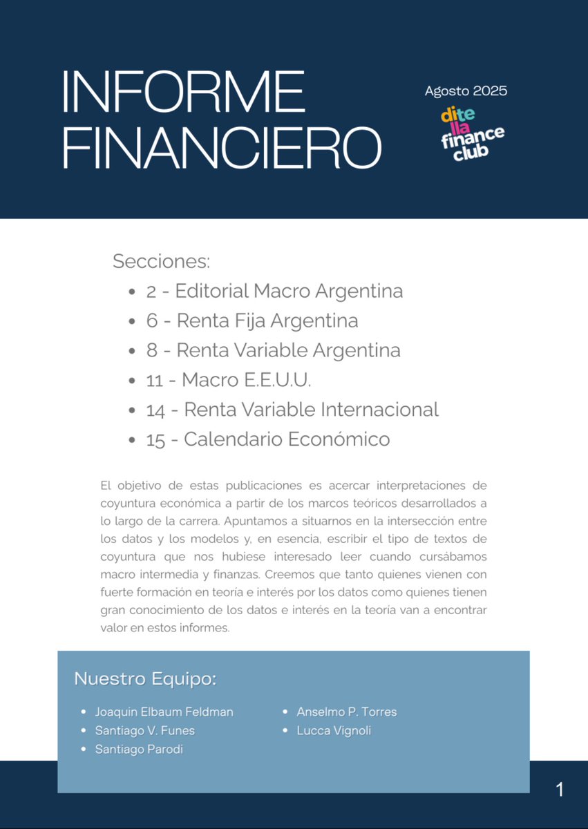 Con los chicos de <a href="/Ditellafinance/">Club de Finanzas UTDT</a> lanzamos el primer informe financiero del club. Hablamos de la macro, renta fija y renta variable tanto local como internacional. Les dejo el link en el tuit de abajo!

Gracias a los
cracks <a href="/luccavignoli/">Luccavignoli</a> <a href="/santifunesv/">Santiago V. Funes</a> <a href="/joacoelbaum/">Joaco</a> y Anselmo Torres
