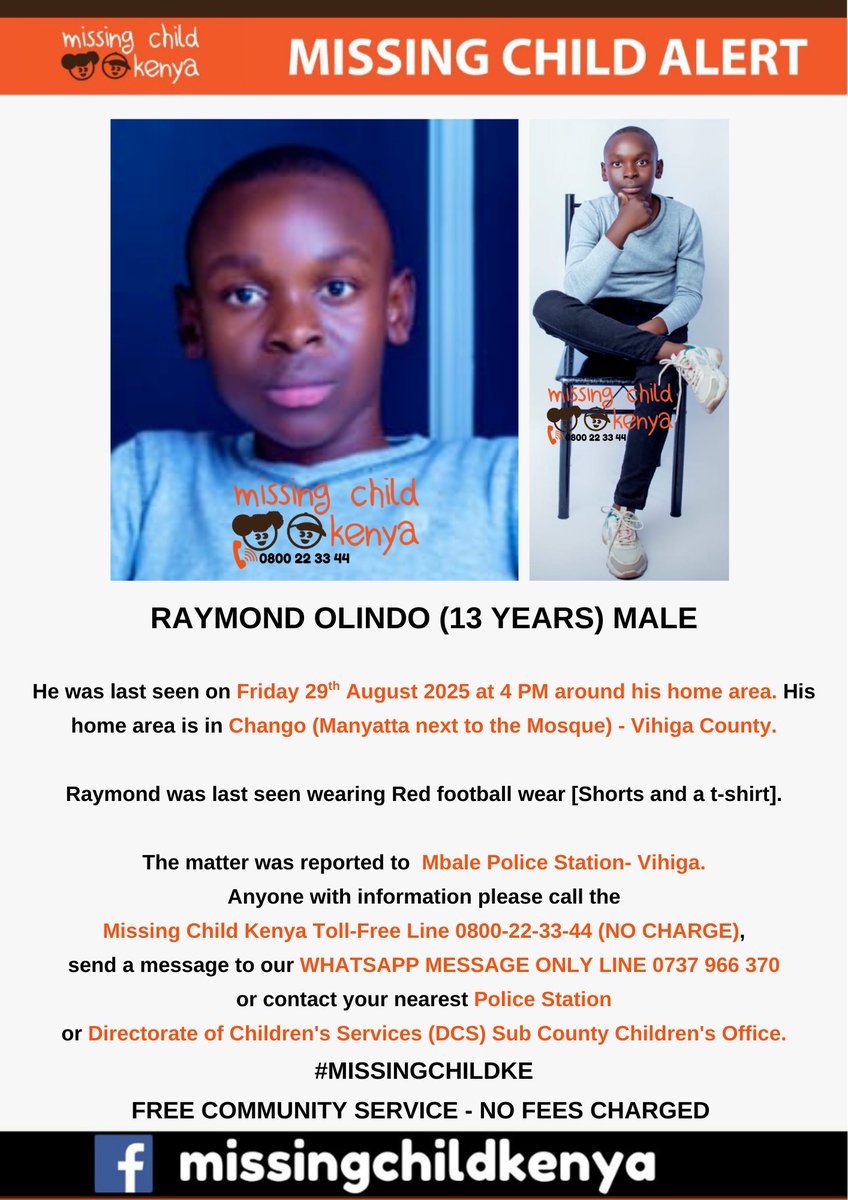 RAYMOND OLINDO (13 YEARS) MALE #MISSINGCHILDKE