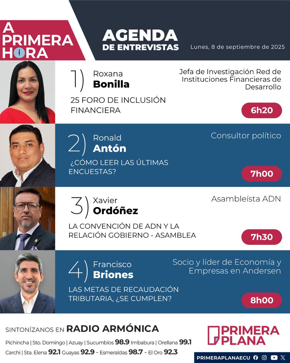 🎙️Agenda del noticiero #APrimeraHora | Lunes, 8 de septiembre de 2025

➡️ Roxana Bonilla
➡️ <a href="/RonaldAntonCPI/">Ronald Anton</a> 
➡️ <a href="/XavierOrdonezOK/">Xavier Ordóñez</a> 
➡️ <a href="/FcoBrionesR/">Francisco Briones R.</a> 
 
Los esperamos desde las 06h00 am, con  <a href="/fabriciovelav/">Fabricio Vela</a> y <a href="/AndreaOrbe5/">Andrea Orbe Saltos</a>