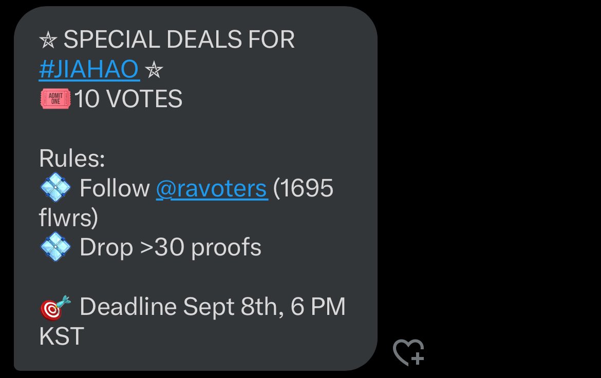 xyzShey's tweet photo. ⛥ SPECIAL DEALS FOR #JIAHAO ⛥
🎟️10 VOTES

Rules:
💠 Follow @ravoters (1695 flwrs)
💠 Drop >30 proofs

🎯 Deadline Sept 8th, 6 PM KST https://t.co/y3WYETQvwW