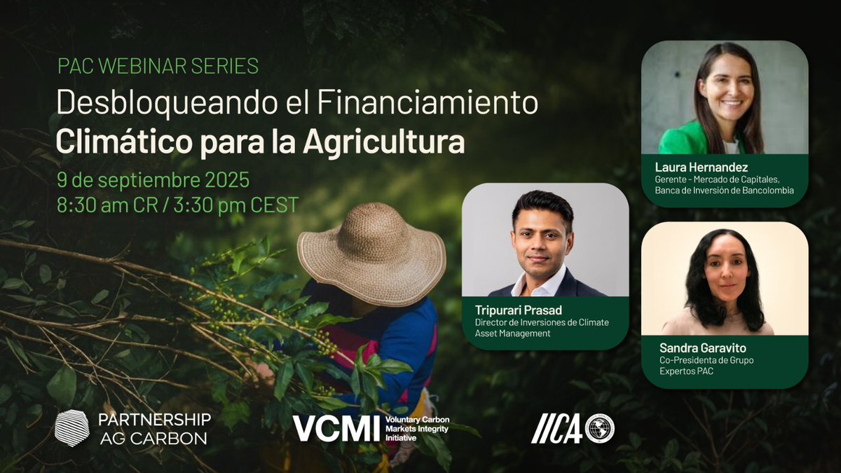 Inicia la serie de webinars de Iniciativa Carbono Agro.

9 de septiembre |  9:30 AM (COL/PE)

Diálogo sobre financiamiento climático en agricultura con líderes de <a href="/Bancolombia/">Bancolombia</a>, Climate Asset Management y más.

Regístrate aquí:
shorturl.at/Bm3Q2

#CarbonoAgrícola #PAC #COP30