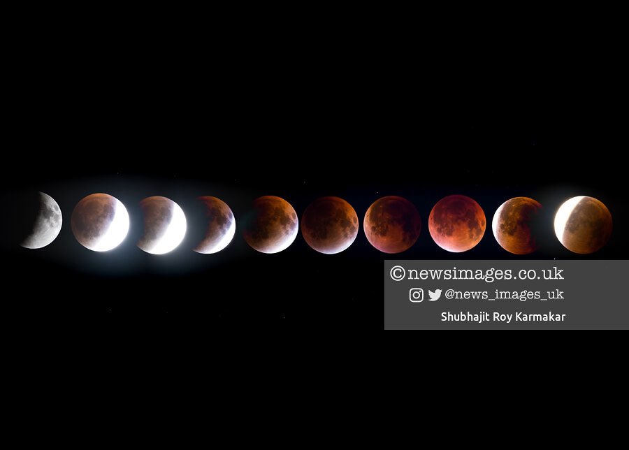 Different Moon Phases of the Blood Moon during lunar eclipse as the moon rises above the city of Kolkata , West Bengal / India, 7th and till midnight of 8th September 2025
(Photo by Shubhajit Roy Karmakar/News Images)

#moon #lunareclipse #india #westbengal #nightsky #BloodMoon