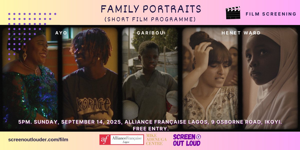 This Sunday, explore the notion of #family through three #shortfilms from across #Africa with stops in #Mali , #Egypt , and #Nigeria
📌5pm | Sunday, September 14 | Alliance Française Lagos, 9 Osborne Road, Ikoyi | #FreeEntry
#Discover more: screenoutlouder.com/family-portrai…