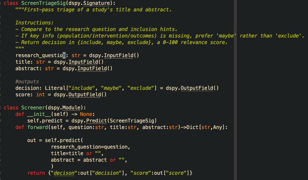 thomasbush99's tweet image. Very impressed by how DSPy works so well out of the box. I’ve made this small class to screen papers for a literature review and it works amazingly well with just few lines of code.

I’m still new at this, so if you have some suggestions pls write let me know 
#DSPy