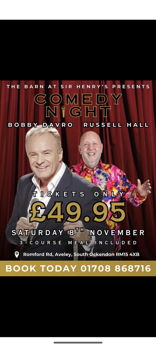 RussellHall2's tweet image. Coming to Essex with the legendary Bobby Davro, Saturday 8th November..
Contact Sir Henrys for tickets...
😎👑