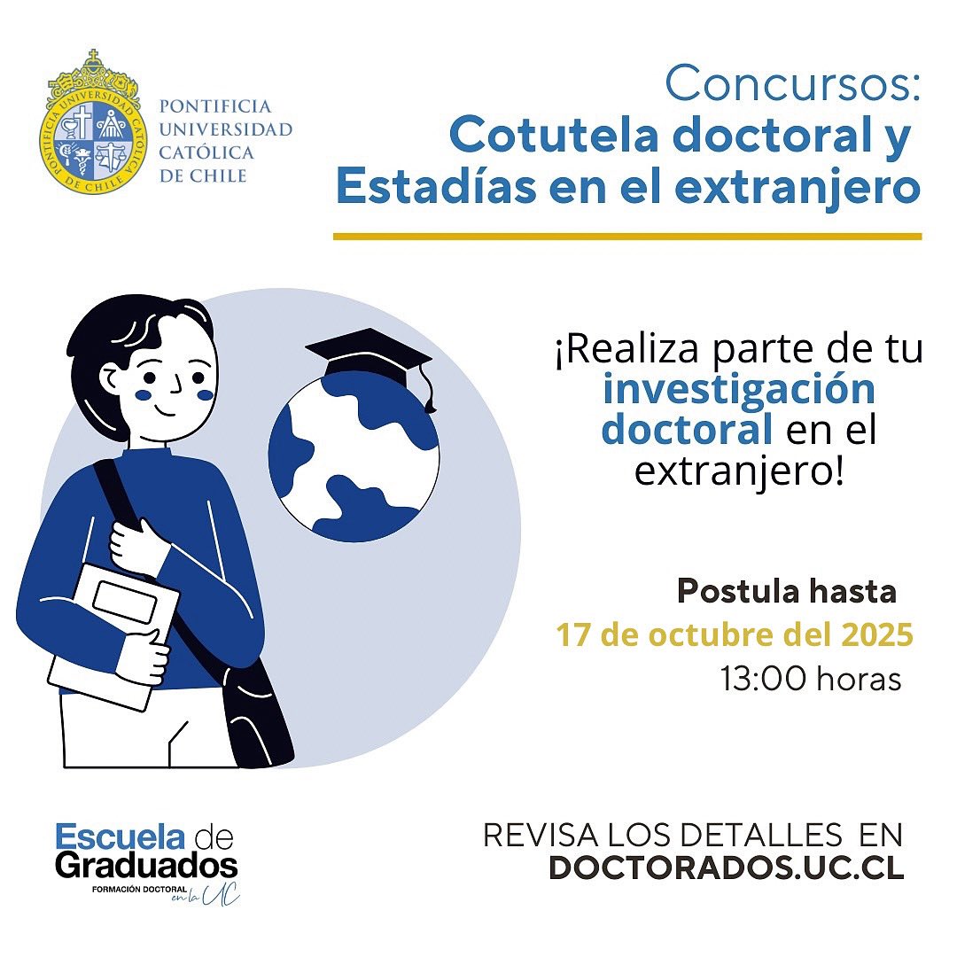 ¡Lleva tu investigación doctoral al siguiente nivel! 

¿Sueñas con desarrollar parte de tu doctorado en el extranjero? 🌎✨ La segunda convocatoria 2025 para los concursos de Cotutela Doctoral en el Extranjero y Estadía en el Extranjero para Tesistas de Doctorado ya está abierta.