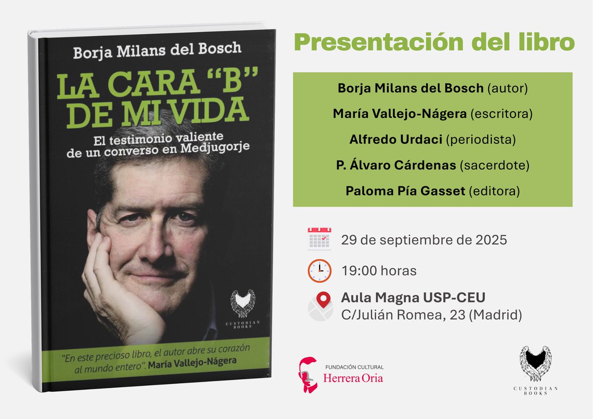 Borja Milans del B ن (@borjacoach) on Twitter photo El próximo 29 de septiembre presento «La cara “B” de mi vida», un libro testimonial que os sorprenderá:
📆 29 de sept.
⏰ 19:00 horas
📍 CEU - Aula Magna (Julián Romea, 23)
Me acompañarán (María Vallejo-Nájera) <a href="/Vallejoxno17/">María Vallejo Nagera</a> y Alfredo Urdaci (<a href="/alfredourdaci/">Alfredo Urdaci</a>).
¡Os esperamos!👍🏼 El próximo 29 de septiembre presento «La cara “B” de mi vida», un libro testimonial que os sorprenderá:
📆 29 de sept.
⏰ 19:00 horas
📍 CEU - Aula Magna (Julián Romea, 23)
Me acompañarán (María Vallejo-Nájera) <a href="/Vallejoxno17/">María Vallejo Nagera</a> y Alfredo Urdaci (<a href="/alfredourdaci/">Alfredo Urdaci</a>).
¡Os esperamos!👍🏼