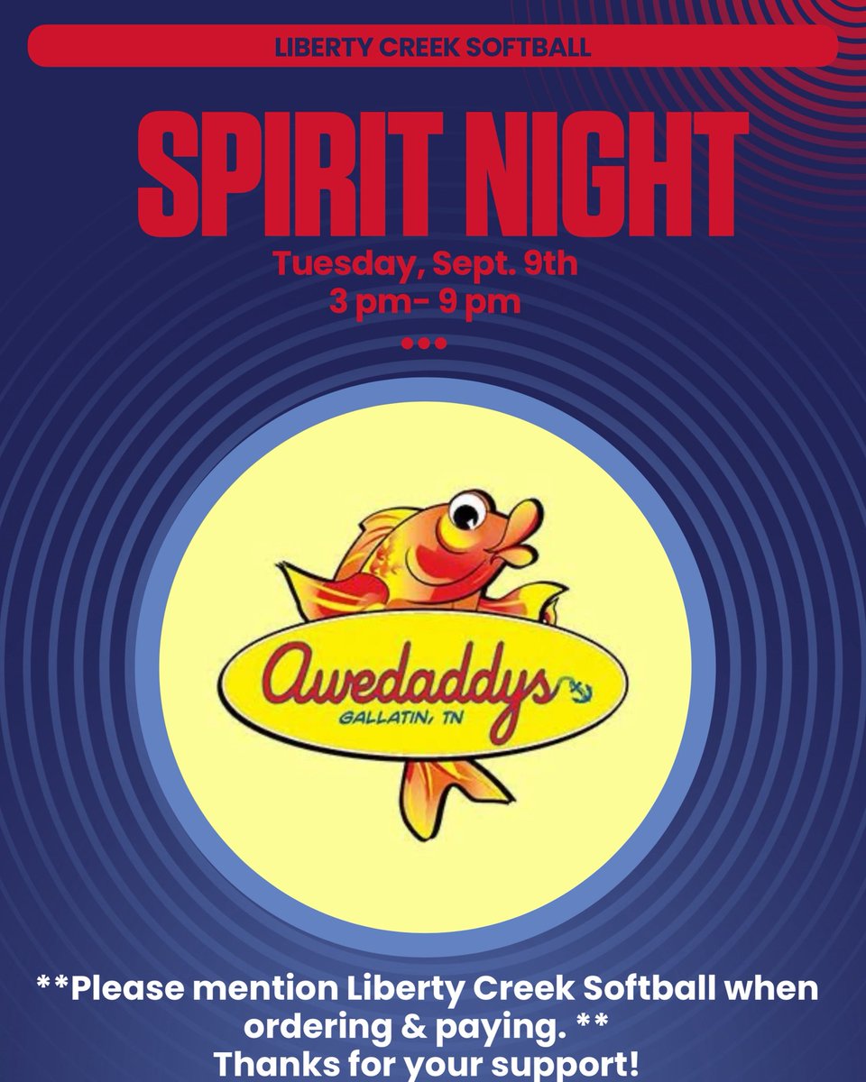 ☀️ With weather like this, how can you say no to dining outside at Awedaddys this Tuesday?

📅 Tuesday, September 9th
🕒 3–9 PM
📍 Awedaddys

Be sure to mention Liberty Creek Softball when you pay so our program receives a percentage of the proceeds.
Let’s show our Pack pride! 🐺