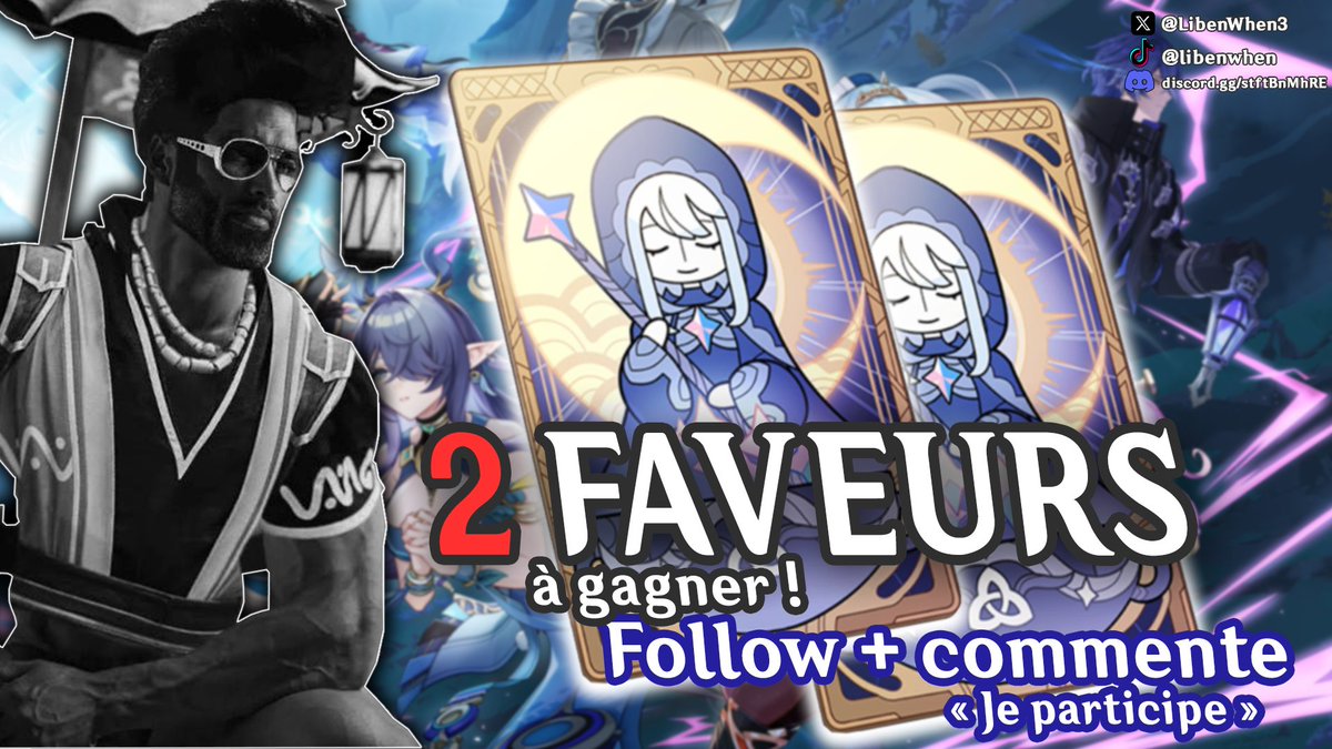 Liben When ? ✊️🔥 - GI Leaks 🇫🇷 (@libenwhen3) on Twitter photo 🎁 CONCOURS ! 🎁
Pour fêter le début de la version Luna I (6.0) de Genshin, j'organise un concours avec 2 Faveurs de l'astre à gagner !
Pour participer :
- Suivre le compte (<a href="/LibenWhen3/">Liben When ? 🌙 - GI Leaks 🇫🇷</a>)
- Commenter "Je participe"
Fin du concours Mercredi 10 Septembre !
Bonne chance à tous ! 🎁 CONCOURS ! 🎁
Pour fêter le début de la version Luna I (6.0) de Genshin, j'organise un concours avec 2 Faveurs de l'astre à gagner !
Pour participer :
- Suivre le compte (<a href="/LibenWhen3/">Liben When ? 🌙 - GI Leaks 🇫🇷</a>)
- Commenter "Je participe"
Fin du concours Mercredi 10 Septembre !
Bonne chance à tous !