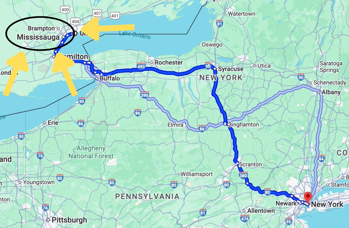 Want to join me driving from Toronto to NYC on Sunday the 14th?

Seeking car buddy. Aux duties negotiable.

En-route highlights indicated on map.

Could be nine-hour book club, could be podcast binge, could be silent playlist listening session.

Snacks provided.
