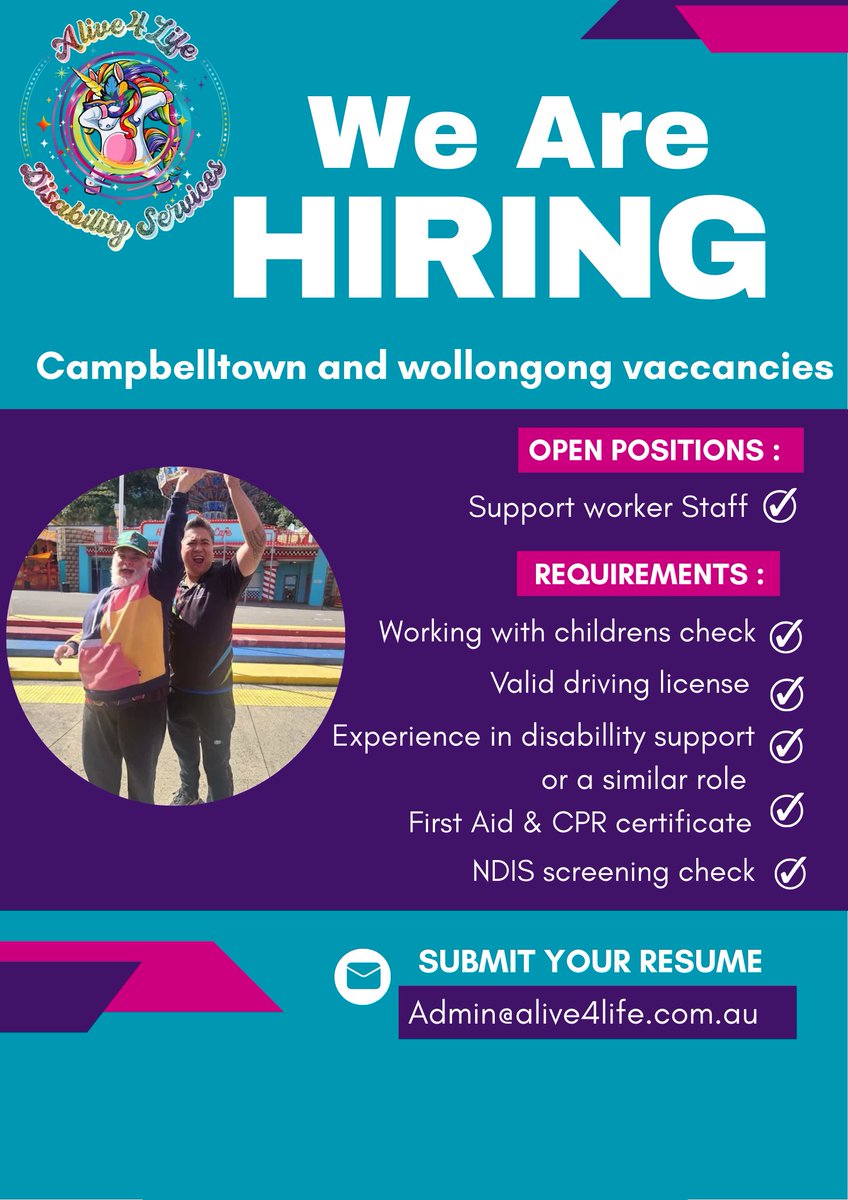 Alive4life is hiring! 🌟 We’re looking for passionate Support Workers to join our team and make a difference in the lives of our clients. Positions available in Campbelltown and Wollongong areas.

📩 Apply today at admin@alive4life.com.au or call 1300 254 834.