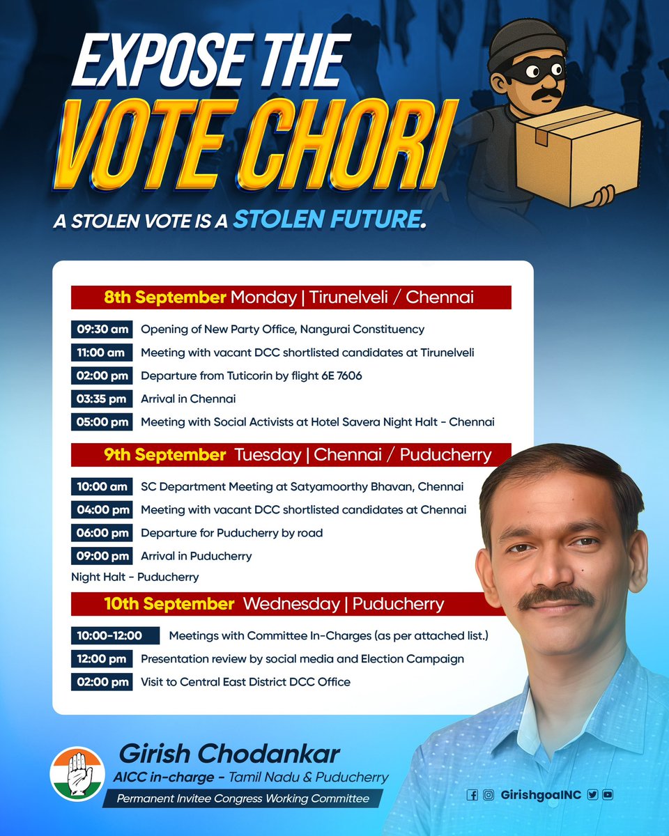 Will be attending a series of important meetings and events in Tamil Nadu and Puducherry to strengthen the organization and intensify the campaign.