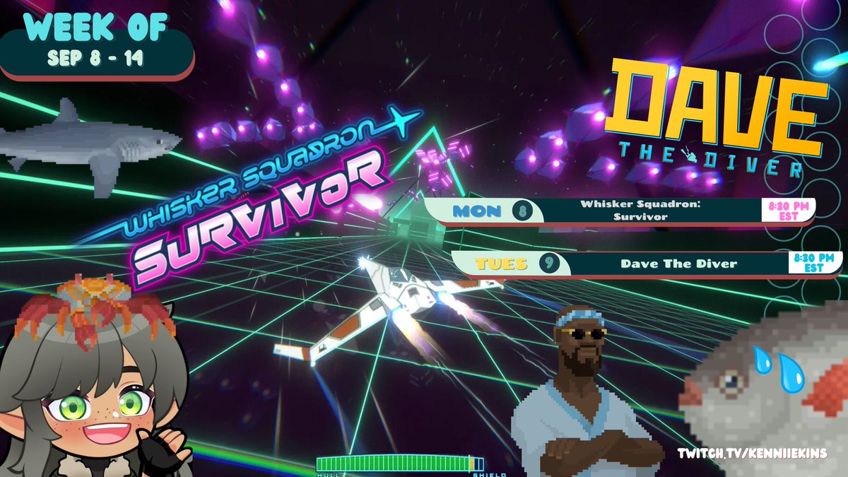 Stream schedule~!   

Mon: Whisker Squadron: Survivor
<a href="/Flippfly/">Flippfly</a> 

Tue: Dave the Diver
<a href="/DaveDiverGame/">DAVE THE DIVER</a>

twitch.tv/kenniiekins              

Schedule by
<a href="/MioriCreative/">MioriCreative</a>

Avatar by
<a href="/88Studio_ID/">88 Studio</a>