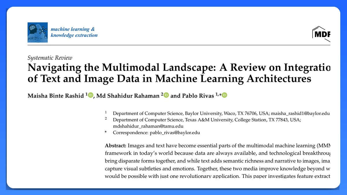 🔍 Dive into our latest review on multimodal AI! 📚 We examine BERT + ResNet pipelines, fusion methods &amp; emerging challenges like noisy data and adversarial attacks (Rashid et al., 2024). 🌐 Read more 👉 lab.rivas.ai/?p=7037 #AI #Multimodal #Research #TechInsights