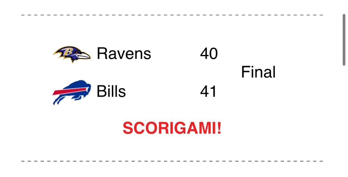 ┓ 
┃┃╱╲ In this 
┃╱╱╲╲ house 
╱╱╭╮╲╲ we root for 
▔▏┗┛▕▔                 
╱▔▔▔▔▔▔▔▔▔▔╲ 
              SCORIGAMI
╱╱┏┳┓╭╮┏┳┓ ╲╲ 
▔▏┗┻┛┃┃┗┻┛▕▔