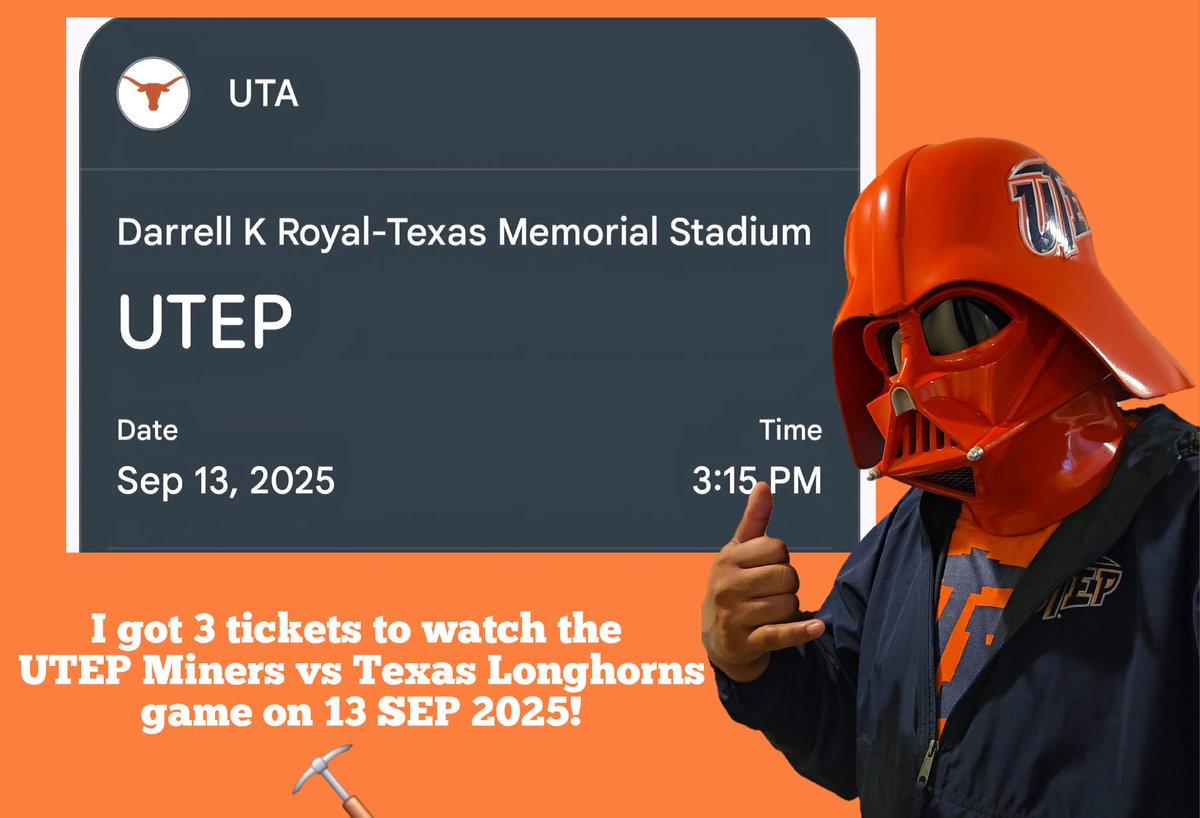 I was able to get 3 tickets to watch General Walden (<a href="/CoachSWUTEP/">Scotty Walden</a>) lead my <a href="/UTEPFB/">UTEP Football</a> Miners into battle VS the Texas Longhorns next Saturday.  Hell yeah!  🟧 and 🟦 for life.  Picks up baby! ⛏️