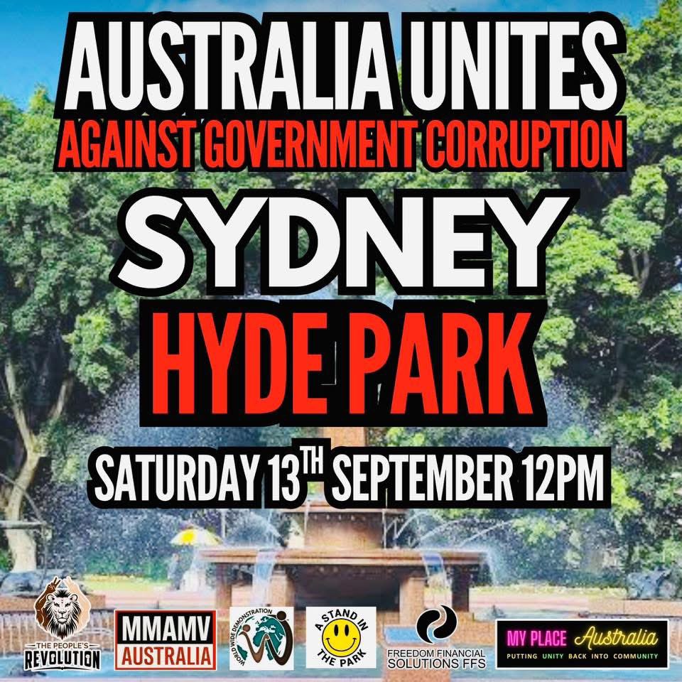 PacArtCollect's tweet photo. @BecFreedom Here is the flyer for Sep 13 #AustraliaUnites against government corruption.
Hyde Park, Sydney.
United we stand, divided we fall.
🪃🇦🇺👊
#ConvoyToCanberra
#MarchForFreedom
#SaveAustralia
#AustraliaFirst https://t.co/wJe9xOqLzb