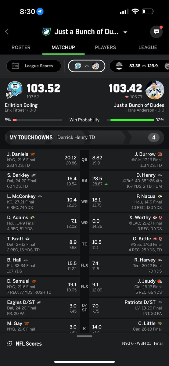 hanserelli's tweet photo. Unbelievable week 1 of fantasy football! Still can’t believe I was down by .1 after the Henry fumble late on SNF, then the .2 stat correction kicked in and gave me the W by .1. Insane! @MatthewBerryTMR https://t.co/QuV1yfz9gx