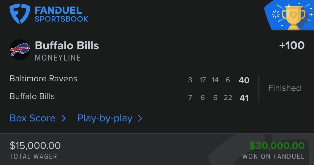 Tonight, I cashed $90,000 on the Bills. 

This was hands down, the craziest, most nasty night of sports betting in my entire life. Quite literally life changing.

I love each &amp; every single one of you that support me &amp; my degenerate activities especially pertaining the Buffalo
