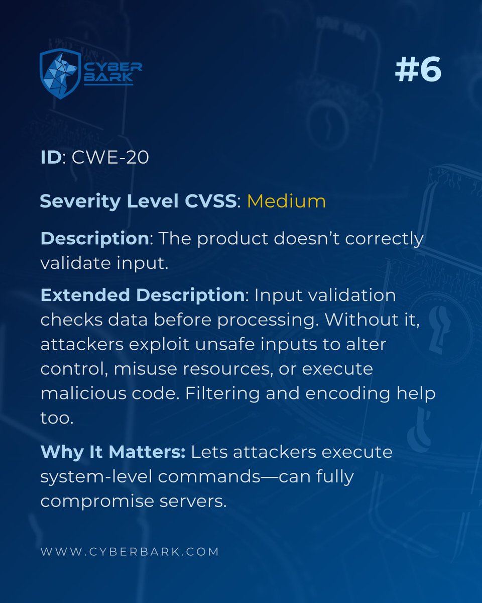 Cyber_Bark_LLC's tweet image. Your application might look fine—but is it validating every input?
📅 Book a FREE App Consultation:
calendly.com/jessica-carlso…
#CyberBark #InputValidation #SANS25 #AppSecurity #SecureCoding #DevBestPractices #CyberHygiene #OWASPTop10 #DataValidation #DevSecOps