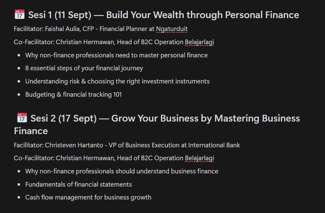 in this economy, skill dasar yang jadi survival skill adalah: PERSONAL &amp; BUSINESS FINANCE!

dari mulai ngatur duit, muter duit sampai ngambil keputusan bisnis yang ngasilin duit.

Ada yang mau belajar ini? GRATIS!
Mari Cek ombak dulu (bisa offline atau online) 🌊🌊🌊