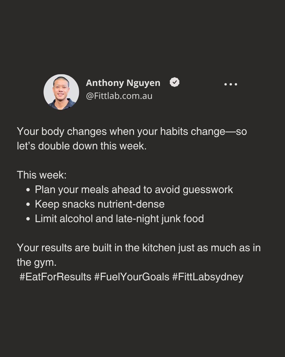 fitt_lab's tweet photo. Your body changes when your habits change—so let’s double down this week.

Your results are built in the kitchen just as much as in the gym.
#EatForResults #FuelYourGoals #FittLabsydney https://t.co/wBdpzMQ2OU